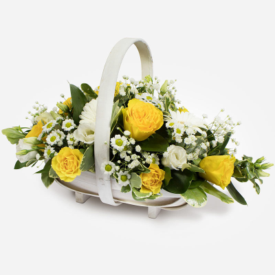 Basket SYM-347 - Yellow & White Basket Arrangement. A lovely arrangement ideal for a funeral. *Fine Print: Every product is hand made and delivered by the local florist. Pictures shown are recent examples of an actual arrangement that was designed by talented florists! Please note that each individual florist cannot guarantee what the flower varieties or colours will be (unless specified on the product description), they will guarantee that your specific arrangement will be fresh and beautiful.