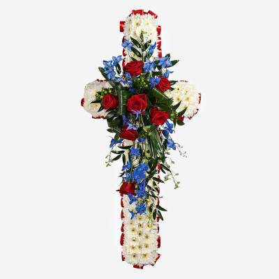 Cross SYM-329 - White Massed 120cm Cross with Red & Blue Spray. 


*Fine Print: Every product is hand made and delivered by the local florist. Pictures shown are recent examples of an actual arrangement that was designed by a talented florist! Please note that each individual florist cannot guarantee what the flower varieties or colours will be (unless specified on the product description), they will guarantee that your specific arrangement will be fresh and beautiful.