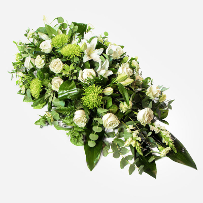 Double Ended Spray SYM-313 - All White & Green Double Ended Spray. Approx 100cm long / 50cm width *Fine Print: Every product is hand made and delivered by the local florist. Pictures shown are recent examples of an actual arrangement that was designed by talented florists! Please note that each individual florist cannot guarantee what the flower varieties or colours will be (unless specified on the product description), they will guarantee that your specific arrangement will be fresh and beautiful.