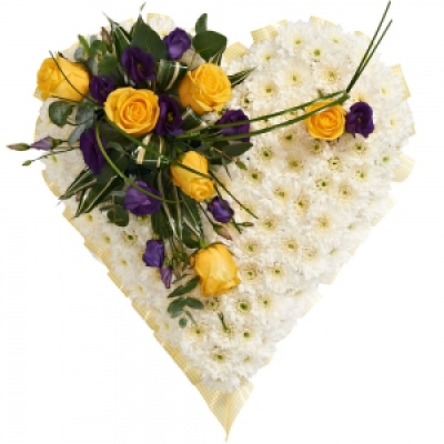 Heart SYM-324 - White Massed Heart with Yellow & Purple Spray. A beautiful arrangement to send to a funeral. Approx size 33cm x 33cm / 13” Solid Oasis Heart Frame. Ribbon edge in Lemon. *Fine Print: Every product is hand made and delivered by the local florist. Pictures shown are recent examples of an actual arrangement that was designed by a talented florist! Please note that each individual florist cannot guarantee what the flower varieties or colours will be (unless specified on the product description), they will guarantee that your specific arrangement will be fresh and beautiful.