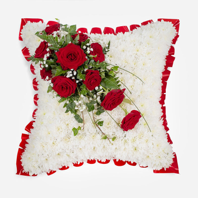 Cushion SYM-333 - White Massed 43cm x 43cm (17" x 17") Cushion with Red Rose Spray.