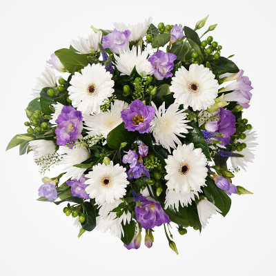 Posy SYM-345 - Lilac & White Posy for a funeral. The florist will arrange the flowers in oasis and deliver to the funeral director or the private address of your choice. 20cm / 8” Posy Pad.

*Fine Print: Every product is hand made and delivered by the local florist. Pictures shown are recent examples of an actual arrangement that was designed by a talented florist! Please note that each individual florist cannot guarantee what the flower varieties or colours will be (unless specified on the product description), they will guarantee that your specific arrangement will be fresh and beautiful.