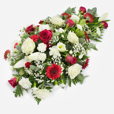 Single Ended Spray SYM-301 - Red & White Single Ended Spray. A beautiful classic arrangement to send for a funeral. Approx size 75cm long and 45cm wide. This item needs at least 1 working day's notice to deliver. It may not be possible to make and deliver an item like this same day.