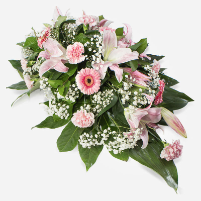 Single Ended Spray SYM-303 - Pink Single Ended Spray. Approx 75cm long / 45cm width. 

This type of funeral arrangement needs at least 1 working day's notice to deliver. It is not possible to make and deliver an item like this same day.