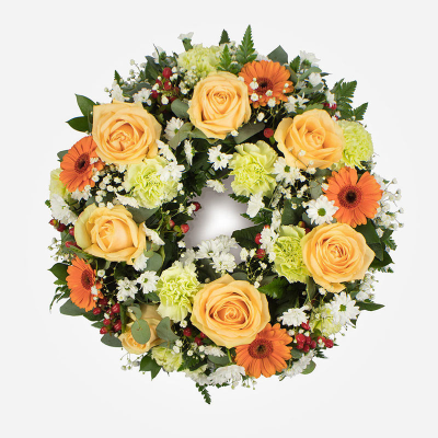 Wreath SYM-315 - Classic Wreath in Peach & Green. 31cm / 12” Oasis Wreath Frame.