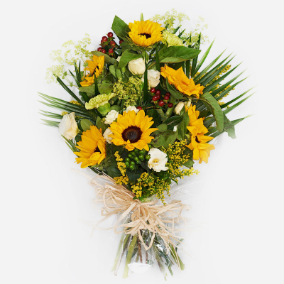 Funeral Flowers in Cellophane - Funeral flowers in cellophane using bright shades of yellow, white and green. 

Please order with 2 days so that the florist can make sure they have Sunflowers.