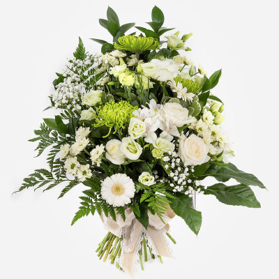 Tied Sheaf SYM-338 - Tied Sheaf White & Green. 

*Fine Print: Every product is hand made and delivered by the local florist. Pictures shown are recent examples of an actual arrangement that was designed by talented florists! Please note that each individual florist cannot guarantee what the flower varieties or colours will be (unless specified on the product description), they will guarantee that your specific arrangement will be fresh and beautiful.