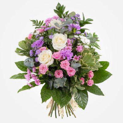 Tied Sheaf SYM-339 - Tied Sheaf Pink, Lilac & White. 

*Fine Print: Every product is hand made and delivered by the local florist. Pictures shown are recent examples of an actual arrangement that was designed by talented florists! Please note that each individual florist cannot guarantee what the flower varieties or colours will be (unless specified on the product description), they will guarantee that your specific arrangement will be fresh and beautiful.